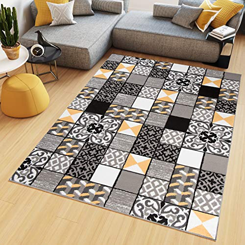 TAPISO Maya Kollektion Teppich Wohnzimmer Kurzflor Gelb Grau Weiß Schwarz Geometrisch Modern Mosaik Karo Floral Streifen Schlafzimmer ÖKOTEX 130 x 190 cm