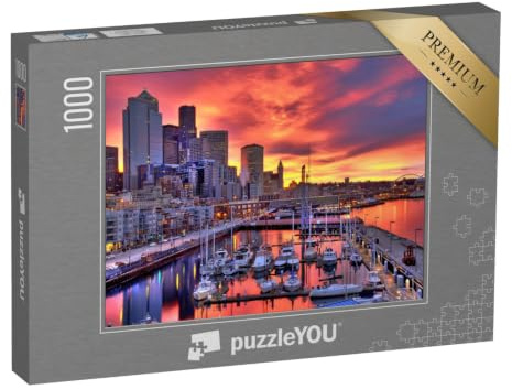 puzzleYOU: Puzzle 1000 Teile „Seattle: Glühender Sonnenaufgang über dem Hafengebiet von Pier-66“ – aus der Puzzle-Kollektion Seattle