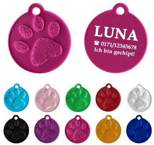 Ibera gifts - Hundemarke mit Gravur und personalisierte Hundemarke rund mit Pfote für mittelgroße bis große Hunde und Katzen (M-L, Pink)