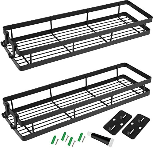 ZEONHEI 2 Stück 40x12x5.5cm Gewürzregal Wand, Metall Gewürzregal Organizer, Hängend Küchenregal Ohne Bohren Wandregal Gewürzhalter mit Haken & Zubehör für Küche, Badezimmer, Schwarz
