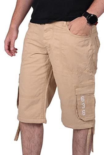 True Face Mens Shorts Cargo Pockets Denim Combat Chino Button Up Flat Front Army Workwear Knee Length Straight Leg Casual Summer Work Half Pants Bottom Size 38 Sand