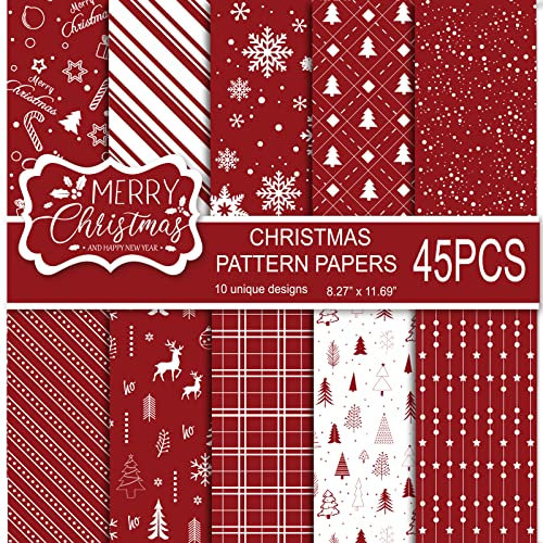 MIAHART 45 Blatt Merry Christmas Pattern Paper Set 10 Designs Festival Dekoratives Bastelpapier doppelseitig für die Kartenherstellung, Scrapbook, A4-Größe, rot und weiß