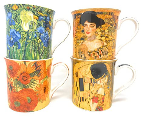 Leonardo Collection Set of Four Mixed Masters Classic Van Gogh and Klimt Mugs Fine China Coffee Tea Cups Mugs