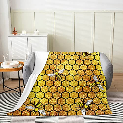 Wabe Decke Werfen Gelb Flauschige Biene Fuzzy Decke für Kinder Jugend Geometrische Hexagon Bee Hive Fleece Decke Gold Sparkle Glitter Soft Leichte Bett Decke 150x200 für Bett Schlafsofa
