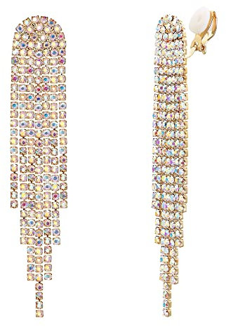 Clearine Quaste Ohrclips Mode Lange Tropfen Kronleuchter Funkeln Strass Kristall Clip-on Ohrringe für Damen Iredescent AB Gold-Ton