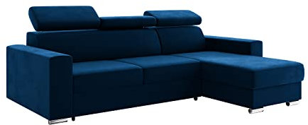 MEBLINI Schlafcouch mit Bettkasten - Ecksofa mit Schlaffunktion - Sofa mit Relaxfunktion und Kopfstützen - Couch L-Form - Eckcouch - Wohnlandschaft - Voss - 242x168x79cm Rechts - Blau Samt