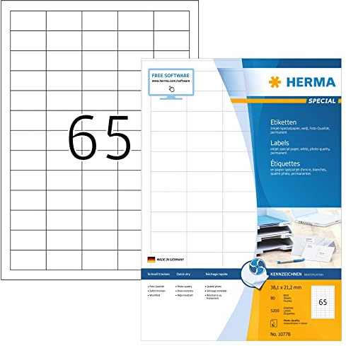 HERMA 10778 Universal Etiketten für Inkjet Drucker, 80 Blatt, 38,1 x 21,2 mm, 65 pro A4 Bogen, 5200 Stück, selbstklebend, bedruckbar, matt, blanko Klebeetiketten Aufkleber für Tintenstrahldrucker weiß