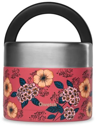 QWETCH - Fiambrera Isotérmica Inox con Asa - Acero Inoxidable 850ml Anémonas - Caja Almuerzo 5h Caliente y 7h Fría - Hermética, Sin BPA y Reutilizable - Lunch Box para Oficina, Picnic, Senderismo