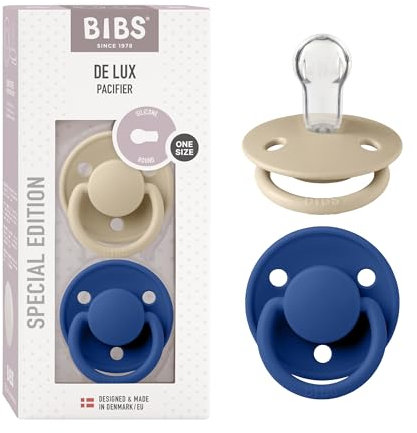 BIBS De Lux Schnuller 2er-Pack, BPA-frei, Kirschform Nippel. Silikon, Hergestellt in Dänemark. 0-36 Monate (2er Pack), Vanilla/Cornflower