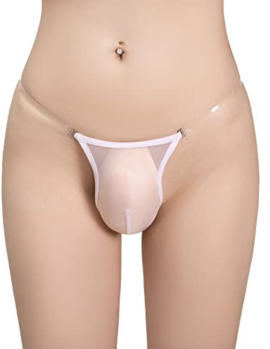 FEESHOW Homme G-String Ficelle Transparent Sissy T-Back Lingerie sous-vêtements De Nuit Bikini Slip Bulge Pouch Coquine Briefs Underwear Blanc One Size