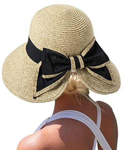 Comhats Faltbarer Strohhut für Damen Sonnenhut am Strand UV Schutz Sommerhut Garten Pferdeschwanz 94561_beige2