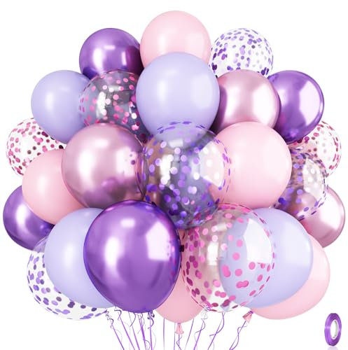 Pastel Pink and Purple Balloons, 12 Inch Light Purple Baby Pink Confetti Balloons with Metallic Lilac Latex Balloon Set for Girls Women Butterfly Birthday Baby Bridal Shower Wedding Party Decorations