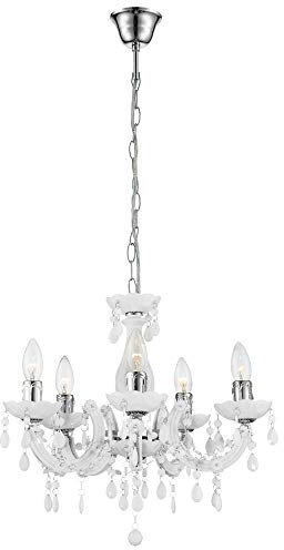 GLOBO Kronleuchter Kristalle weiß Hängelampe Pendelleuchte 5 Flammig Kristallleuchte Chrom, Kristallbehang, 5x E14, DxH 44x128 cm