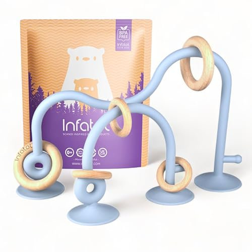 Jouets à ventouse Infatot® pour bébé de 0 à 6 mois – Jouet de dentition sensoriel en silicone et bois, jouet pour chaise haute, jouets à ventouse sans BPA pour tout-petits et nouveau-nés (Bleu)