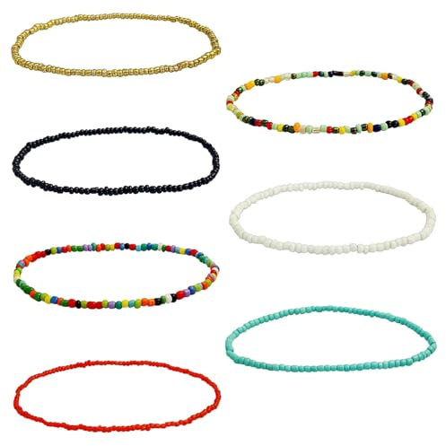 7Pcs Boho Beaded Pearl Bracelets,Handmade Beaded Anklets for Women Colorful Bohemian,Multi-Colour Glass Seed Bead Anklet on Elastic,Elastic Thread Wrap Bracelets String for Girls Ladies Summer Beach