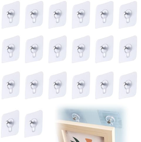 20 Stück Selbstklebende Bilderhaken, Transparent klebehaken - Ohne Bohren, Transparent, Max. 5 kg Belastung - Ideal für Wandkunst, Spiegel, Wohnzimmer, Badezimmer, Küche