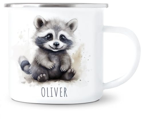 Waschbär Emaille Tasse Kinder Trinkbecher personalisierte Kindertasse mit Namen süßer Kinderbecher für Mädchen & Jungen Geschenk Emaille Becher 300 ml