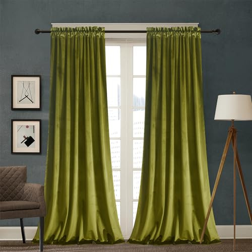 Roslynwood Velvet Olive Green Curtain 90 inch Long - Curtains Block Light Rod Pocket Thermal Insulated Window Drapes Set for Living Room/Bedroom/Dining Room, W52 x L90, 2 Panels