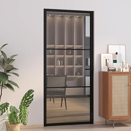 SECOLI innentüren glas innen glastür inkl Türgriff Wohnungstür Zimmertür Glastür Tür ESG Glas Aluminium Zur Montage in 35-50 mm Türrahmen-Schwarz und dunkel-transparent-93 x 201.5 cm