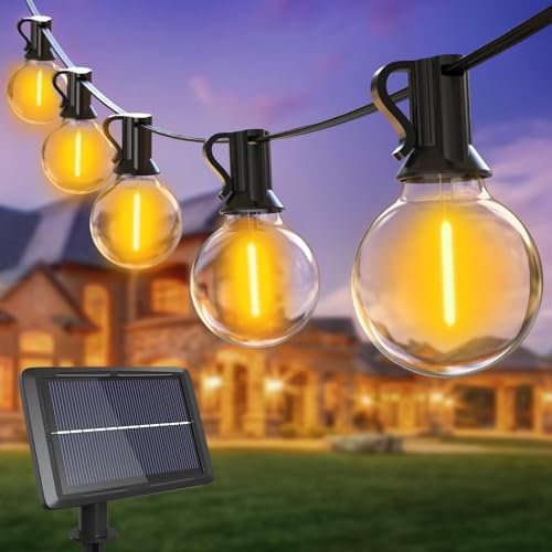 btfarm Guirnaldas Luces Exterior Solar, 13M 15+1 G40 Bombillas Solares LED Exterior Jardin, IP65 Impermeable 4 Modos Guirnalda Solar Exterior Placa Solar Cadena para Exteriores Terraza Patio, Calida