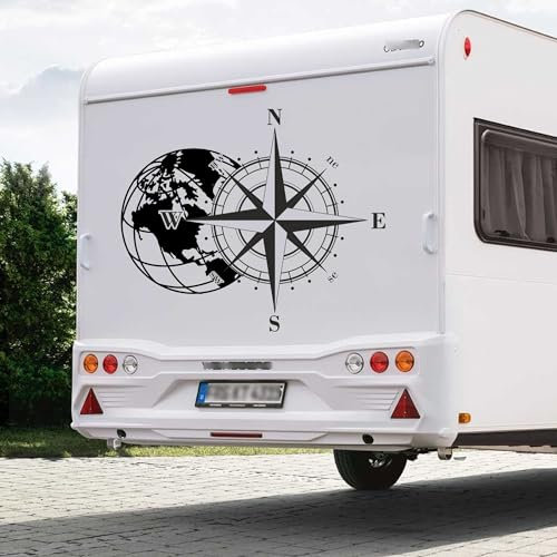 Rakelfix 1x Kompass Weltkugel Aufkleber Erde Erdkugel Wohnwagen Windrose Wohnmobil personalisierbar in Mehreren Größen Kompassrose Truck Sticker