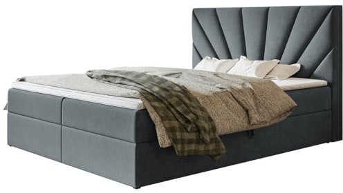 AlpiMeble Boxspringbett Denver mit 2 Bettkästen, Polsterbett Maße: 180x200, Farbe: Dunkelgrau, Velourstoff, Doppelbett mit Bonell-Matratze