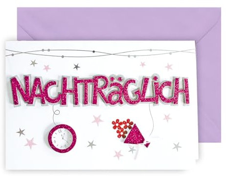 KE - Nachträgliche Geburtstagskarte, inkl. Umschlag, DIN B6 Format, Humorvolle Verspätete Wünsche, lila, Motiv: lila Schriftzug