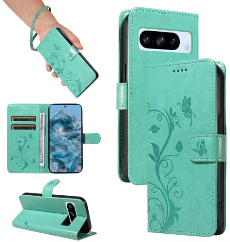 SRISHP Hülle für Google Pixel 8 Pro Handyhülle, Grün | Premium PU Leder, Handyhülle Mit Band, Magnet Flip Case, Kartenfächer, Ständer Klappbar Tasche, Standfunktion Schutzhülle