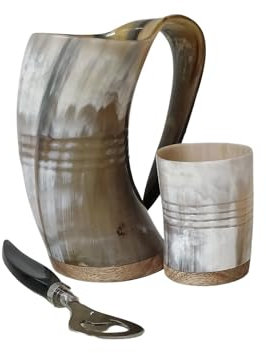 Viking By Heart Real Ox Horn 5'' Long, Vikings Drinking Horn Mug with Shot Glass, and Bottle Opener, Cotton Drawstring Bag Included, 17 OZ Capacity, Handcrafted Horn Mug Unique Beer Gifts for Men