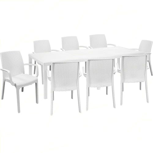 Sicignano | Set aus 8 Sesseln mit rechteckigem Tisch aus Rattan, 220 x 90 cm, komplett weiß – stapelbar, UV-beständig, rutschfest, Möbel für Innen- und Außenbereiche, Bar, Garten, Terrasse,