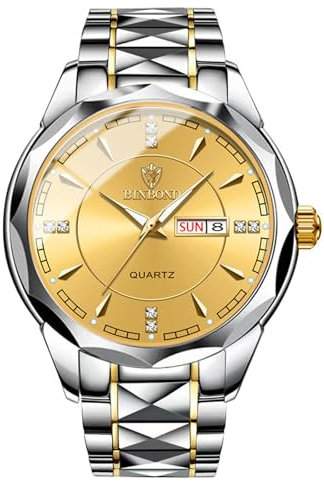JewelryWe Herrenuhr Edelstahl Uhren Herren: 30m Wasserdicht Kalender Analog Quarz Armbanduhr Männer Gold Silber Edelstahl Armband Lässig Business Uhr mit Gold Zifferblatt und Leuchtzeiger