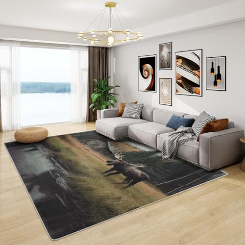 Elch Teppich - Teppich Wohnzimmer Schlafzimmer Waldtiere, Großer Teppich Wildtiere, Weich Kurzflor & Waschbar & rutschfest Wohnzimmerteppich, Kinderteppich, Bettvorleger 160x200 cm