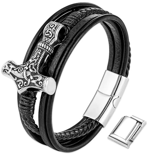 JUZICHEN Viking Thor's Hammer Bracelet, Celtic Knot, Rune, Braided Magnetic Clasp, Size 21 Cm (With Gift Box), 21 centimètres, Stainless Steel