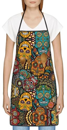 ATOurDealss Delantal con estampado de ilusión óptica en espiral con 2 bolsillos, unisex, ajustable, para el hogar, cocina, restaurante, cafetería, Estampado de calavera de azúcar, Talla única