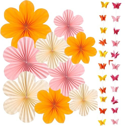 BSITSSS Papel para Fans de Papel, 11 Piezas Decoración para Fiestas, Guirnaldas Colgantes Color Rosa, Naranja y Beis, Flores, Abanicos de Papel, Decoración para Bodas, Cumpleaños (35cm/25cm/20cm)