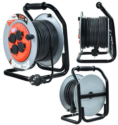 Rexxer | Kabeltrommel-Verlängerung | Kabeltrommeln | Metalltrommel | 20 Meter | Kabel 3x1,5 mm2 | 4 Steckdosen | Robuste Konstruktion | Mit Erdung | Für den Innen- und Außenbereich geeignet | IP44