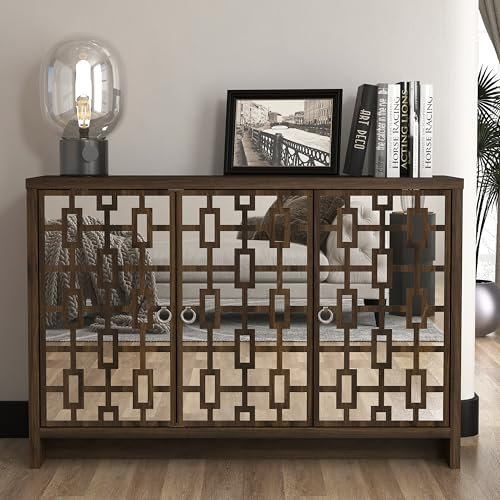 Galano Mollison 3 Door Sideboard – Modern Laser Cut Design with Acrylic Mirror – Storage Cabinet for Living Room, Bedroom, or Kitchen – Royal Walnut