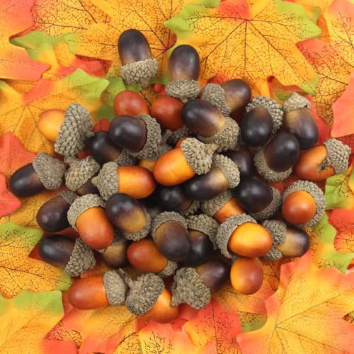 chenyu 100 Stück Eicheln Autumn Decor + 50 Stück Ahornblätter Streudeko Herbst Geeignet für Thanksgiving Weihnachten Und Halloween Tischdeko Herbst Feiertags Dekorationen 2 Farben