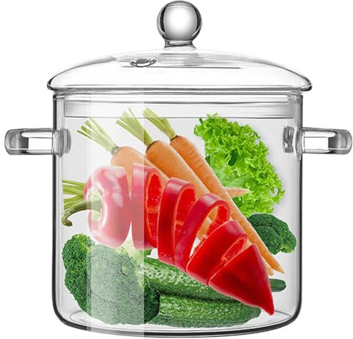 Pentole in vetro per cucinare sul fornello, 3L di vetro alte alte con manici e coperchi, pentola ebolli