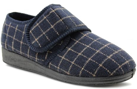 IMTY Mens Extra Wide Fitting EEE Slippers Memory Foam Touch Fasten Easy Wear Diabetic Orthopaedic Check Bedroom House Shoes (Navy, UK Footwear Size System, Adult, Men, Numeric, Medium, 9)