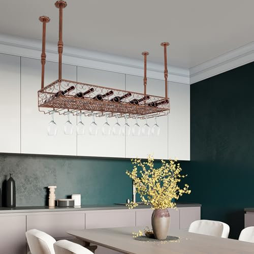 Gorgivous Weinregal für die Deckenmontage 100x30cm Bronze Weinorganisator mit Glashaltern hängendes Weinregal Decke montiert hängenden Weinflaschenhalter Regal Champagner Glas Rack
