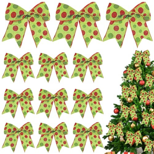 Christmas Bows, Christmas Decorations, 12 PCS Large Polka Dot Bows Green Christmas Decorations, Red Green Bows Decorations Christmas Tree Bows for Christmas Tree Decorations Christmas Door Decorations
