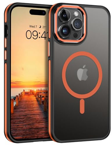 VENINGO Magnetic for iPhone 14 Pro Case,Compatible with Mag Safe Matte Translucent Shockproof Protective Women Man Phone Case for iPhone 14 Pro,Black/Orange