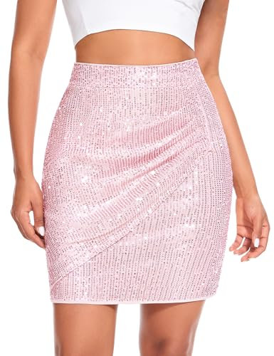 Aupuls Rock Metallic Damen Glitzer Damen Röcke für Damen Rock Pailletten Damen Hüftrock Fasching Disco Rosa Glitzer Rock Pailletten Rock Pink Rosa Rock Karneval Rock Pink Damen AUPR001Pink2XL