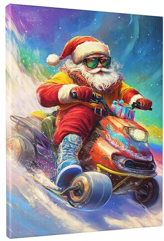Mini-ATV-Wandkunst, Weihnachtsmann, bunte Urlaubsdekoration, Wintersaison, lustige Kunst für Wohnzimmer, Schlafzimmer, ungerahmt, 20,3 x 30,5 cm