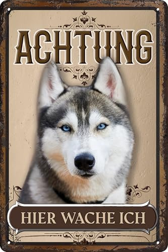 30 x 20 cm wetterfestes Blechschild, Warnhinweis, Torschild, Achtung, hier Wache ich! Warnung vor dem Hund (Husky 1)