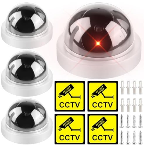 GOMETY 4 Stück Dummy Kamera mit Rot Blinkender LED, Täuschend echte Fake Security Camera, CCTV Dummy Überwachungskamera Attrappe Kamera, Fake Dome Camera für Zuhause und Büro Überwachung (Weiß) (4)