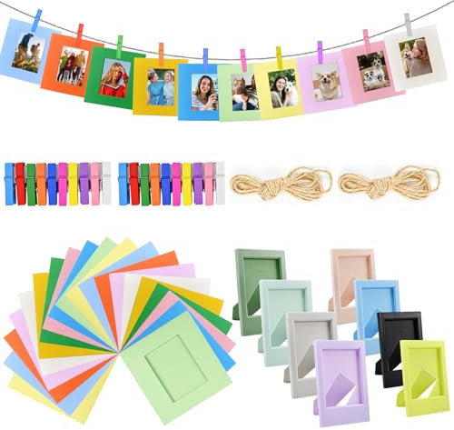 ZRUZUU 20 Stück Papier Fotorahmen 10 Farben, 8 x Mini Bilderrahmen Kunststoff 8 Farben, 3 Zoll Mini Fotorahmen, Fotogirlande Evo/12/11/7+/8/8+/9/90, 20x Farbclips, 2x 2m Seil Für Fotos/Postkarten