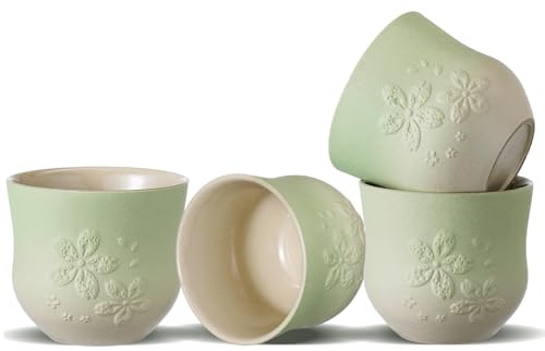 ZENS Japanese Tea Cups Set of 4 – 210ml Ceramic Tea Cups, Gradient Green Glaze, Embossed Design – Handleless Matcha & Gongfu Cups, Traditional Asian Style