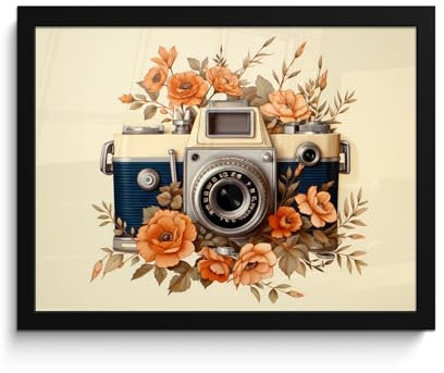 MuchoWow© Bilder mit Rahmen 40x30 cm Poster Wanddekoration Wohnzimmer Deko Modern Geschenke Bilderrahmen Vintage - Kamera - Blumen - Beige - Orange